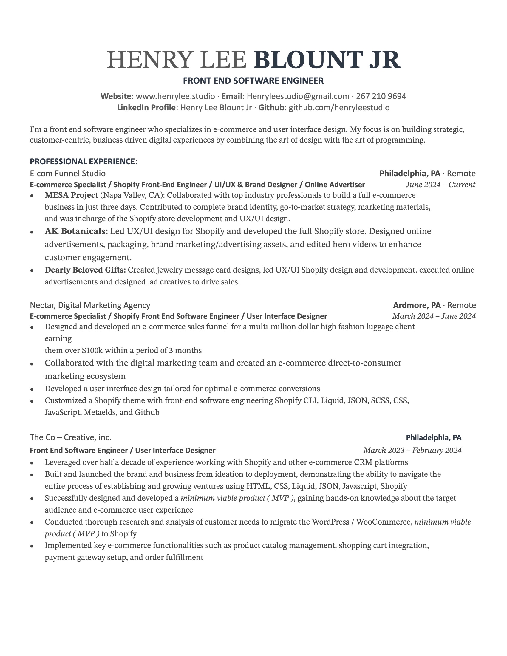 Henry Lee blount - Resumé