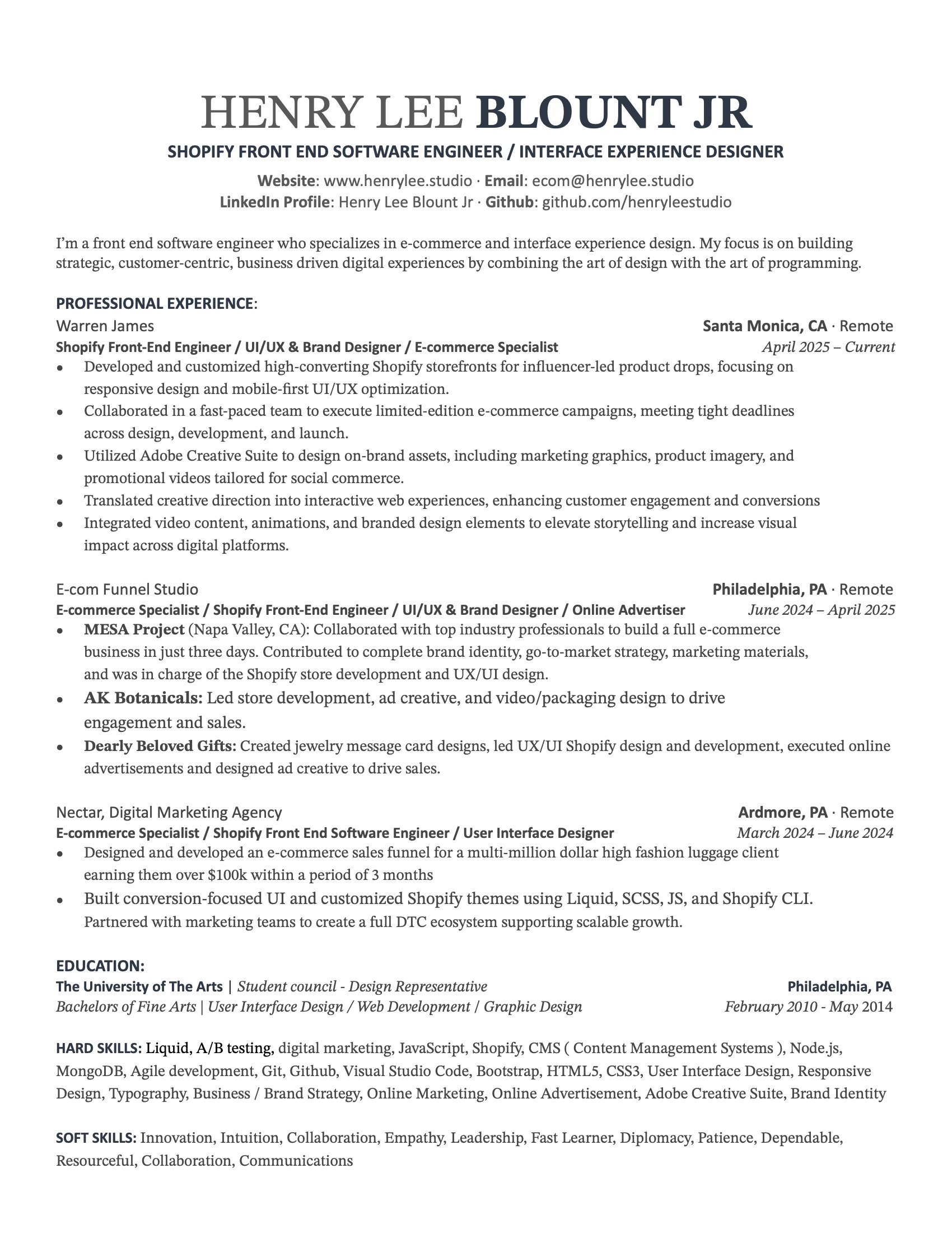 Henry Lee blount - Resumé