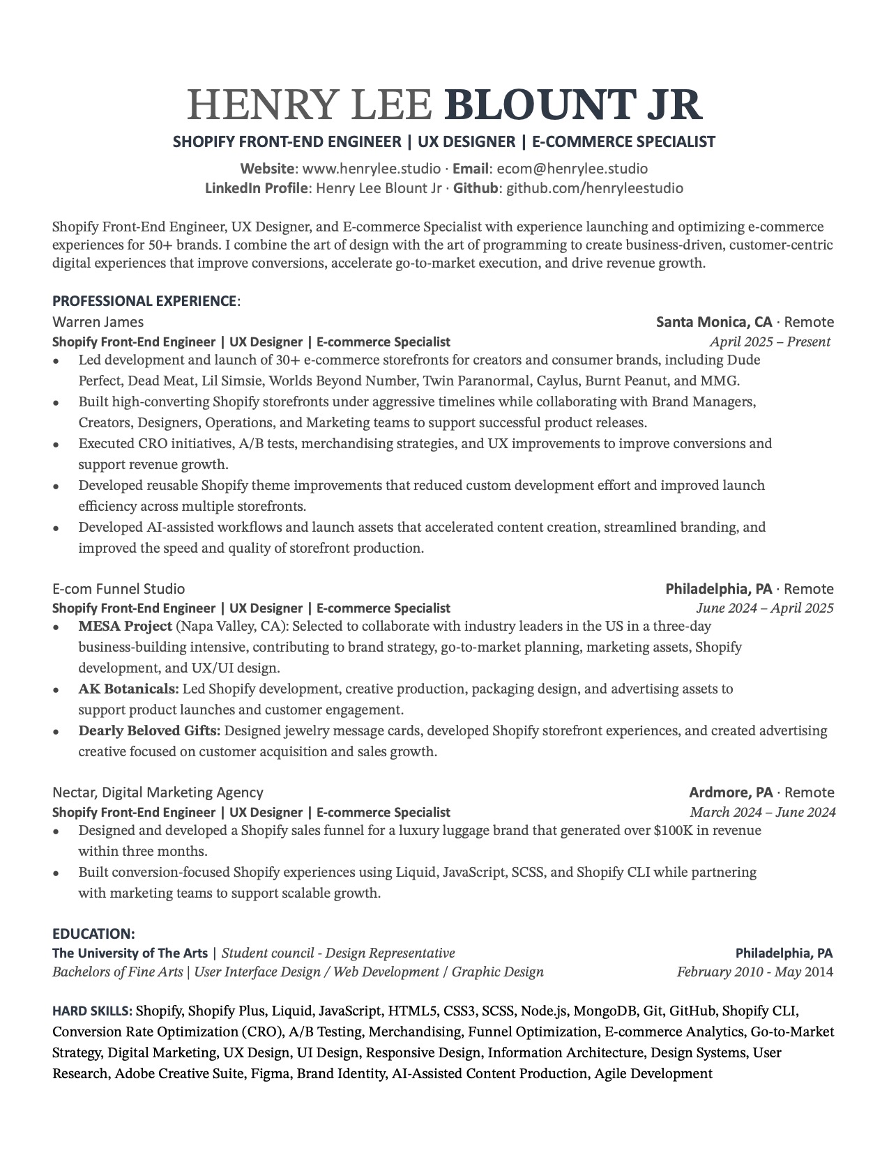 Henry Lee blount - Resumé